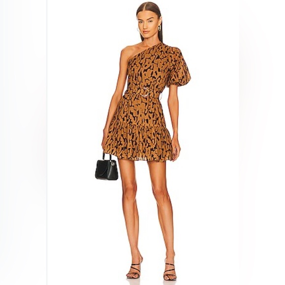 Karina Grimaldi Dresses & Skirts - KARINA GRIMALDI tan / black Corteza printed Antonella one shoulder Sz L
